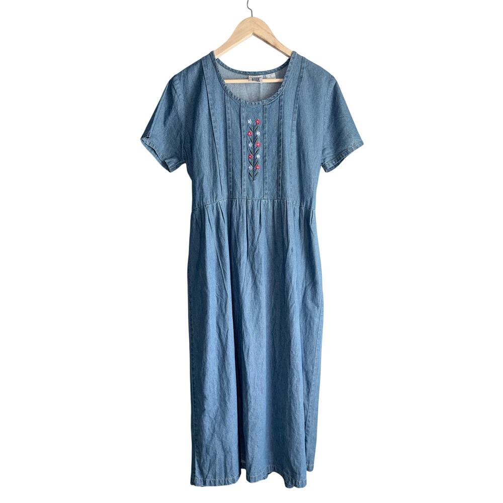Vintage River Blues cottagecore embroidered blue jean cotton denim dress medium